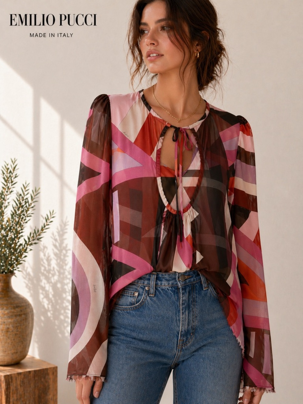 Emilio Pucci Silk Sheer Blouse Geometric Print Tie Neck Style |  IT 40 (US 4-6)